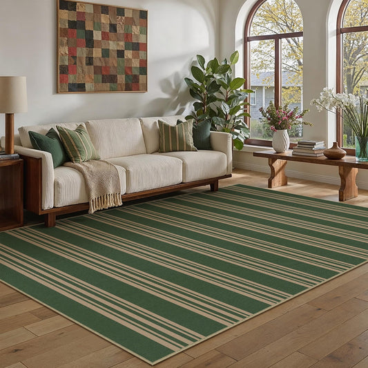 PureCozy Striped Easy Jute Rug 5x7 Green Living Room Carpet Washable Non Slip Bedroom Office Rug Farmhouse Neutral Non Shedding Indoor Outdoor Large Carpet for Kitchen Dining Room