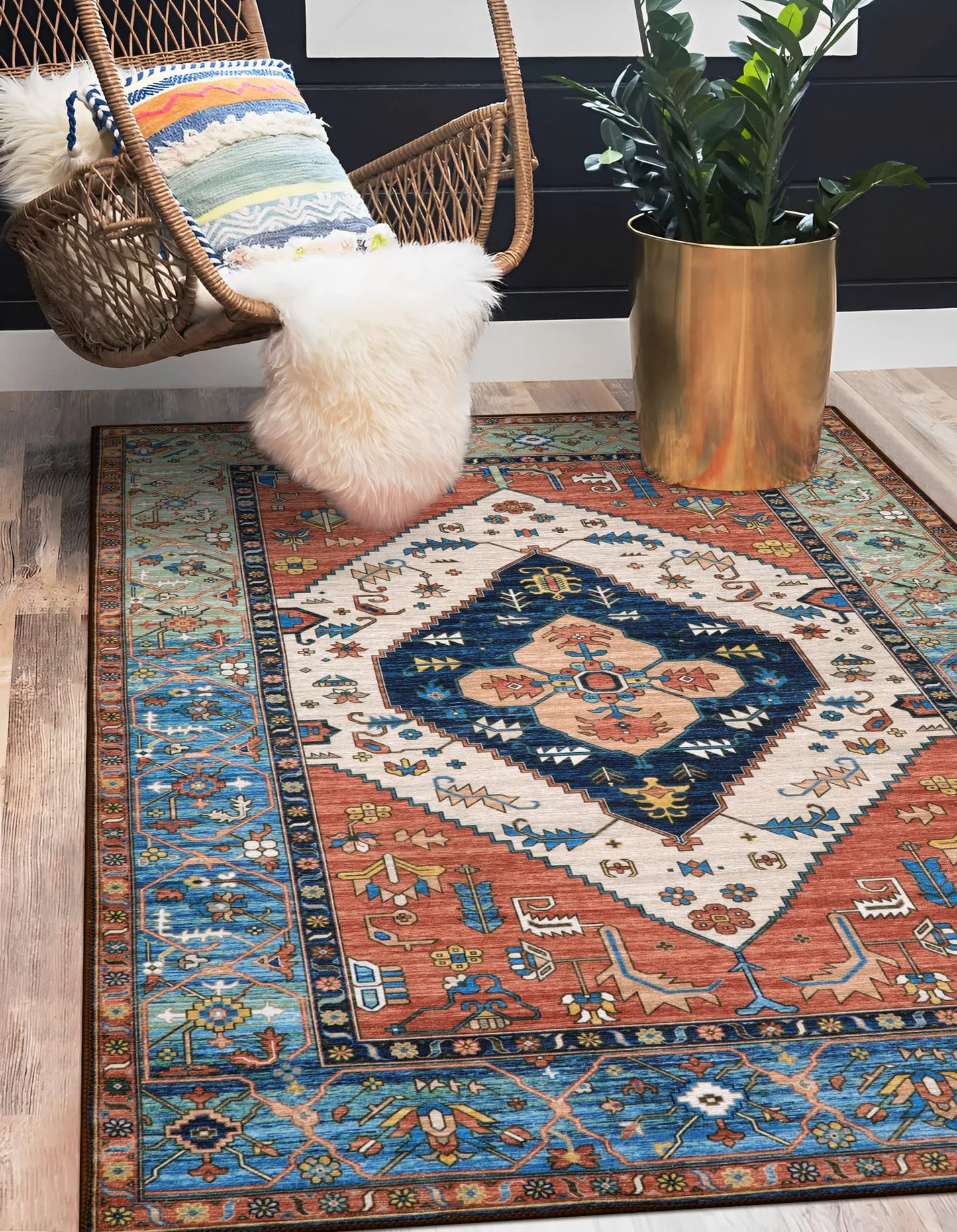 Lahome Boho Rugs for Living Room 4x6 Area Rug Machine Washable Bedroom Rugs Non-Slip Low-Pile Entryway Carpet Throw Oriental Distressed Kitchen Indoor Floor Carpet for Dining Room Bathroom Adelyn