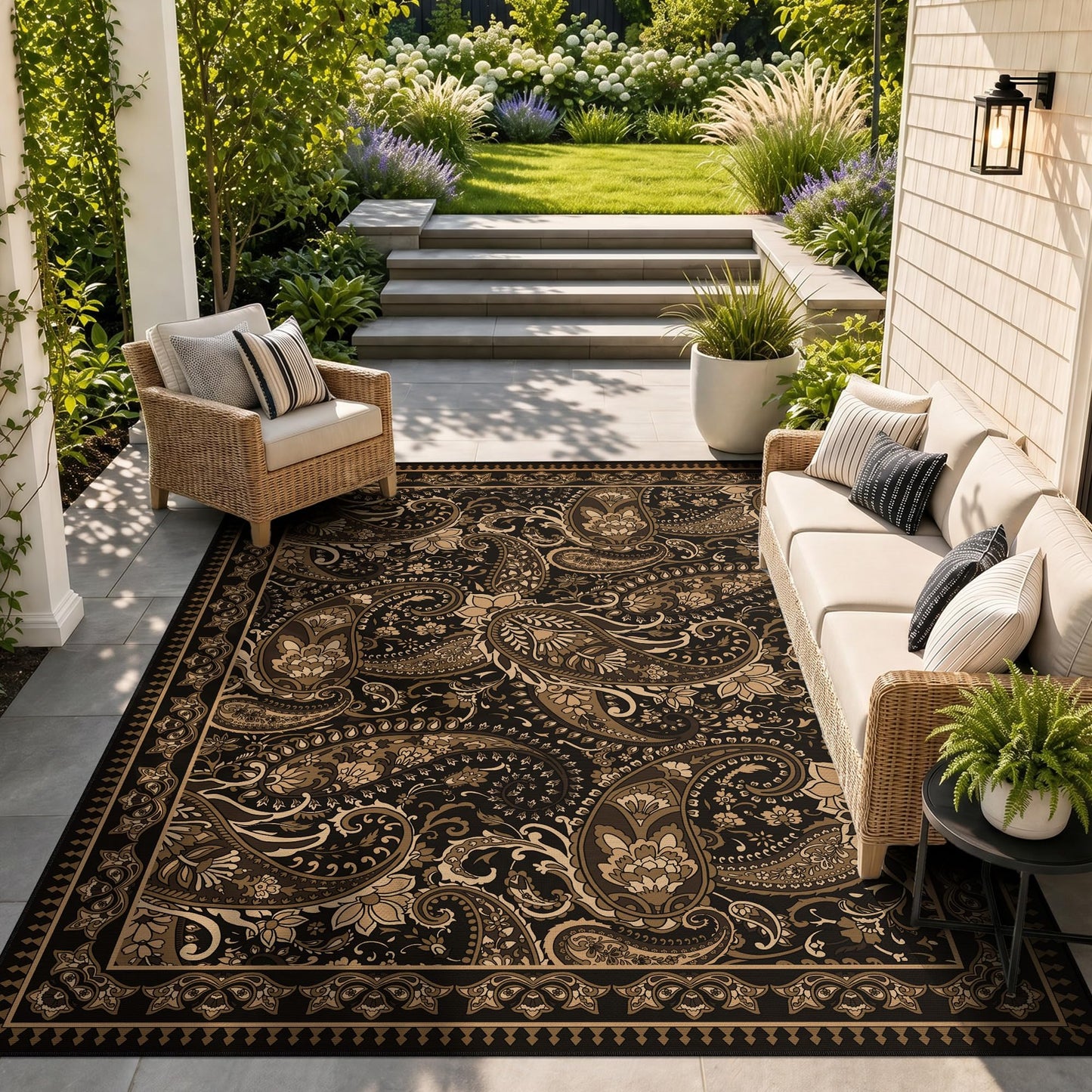 Arenarug Paisley Outdoor Rug Waterproof 5x8, UV Resistant Non Slip Patio Rug, Indoor Outdoor Boho Camping Rug Linen-Look RV Carpet for Deck Balcony Backyard, Taupe