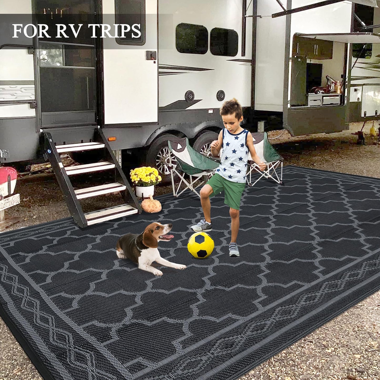 GarveeHome 9x12 Outdoor Rug for Patio Reversible Camping Carpet Waterproof Plastic Straw Rug,Foldable Area Rugs Mats for RV, Picnic, Backyard, Deck, Balcony, Porch, Beach, Black/Grey