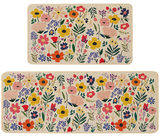 Baccessor Spring Summer Floral Kitchen Mats Set of 2,Cute Colorful Flowers Kitchen Rugs Absorbent Non Slip Low-Profile Washable for Floor Home Decor 17x29 and 17x47 Inch