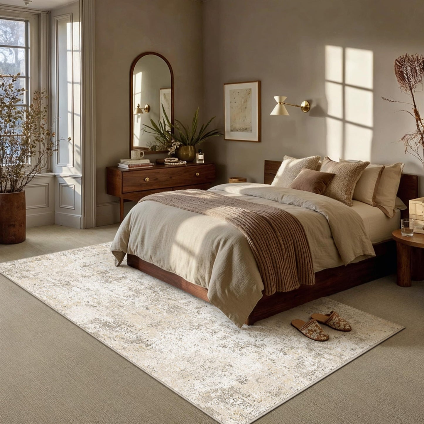 PureCozy 9x12 Washable Area Rug Beige Abstract Non Slip Carpet for Living Room Bedroom Soft Low Pile Neutral Modern Throw Indoor Large Rug Office Dining Room