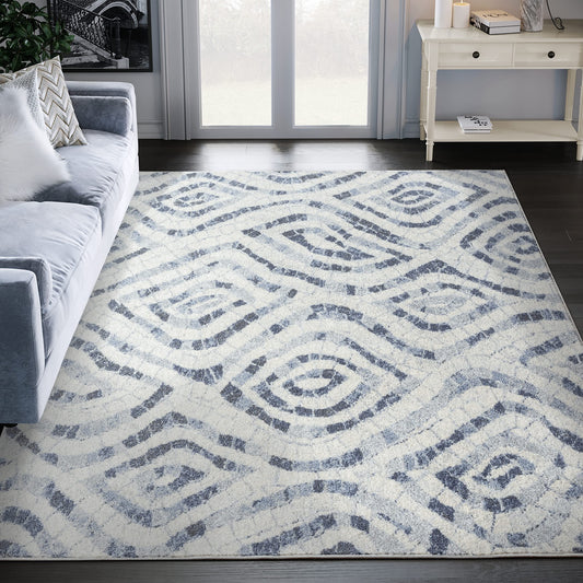 Abani Geometric Blue & Ivory Mosaic Design 4' x 6' Area Rug - No-Shed Premium Contemporary Style Bedroom Rug Rugs