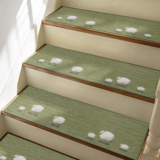 MatMaven Stair Treads for Wooden Steps Indoor,4 Pack 8"x30" Non Slip Machine Washable Carpet Stair Treads,Stair Runner Rugs with Peel & Stick Reusable TPE Backing for Kids Elders & Pets,Green(Sheep)
