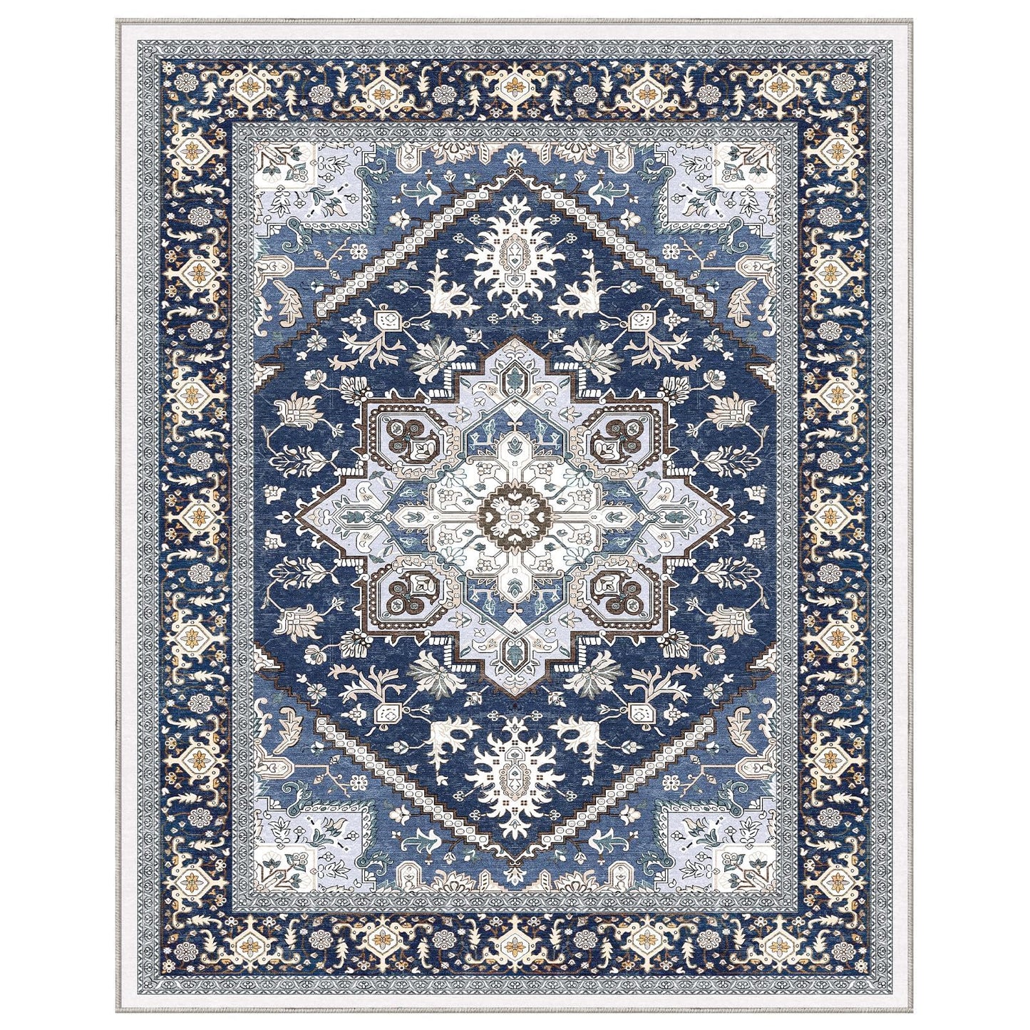 OPPODREAM Soft 8x10 Area Rugs for Living Room, Washable 8x10 Rugs for Bedroom with Non Slip Backing, Faux Cashmere Low-Pile 8 x 10 Carpet, Navy Blue & Gold
