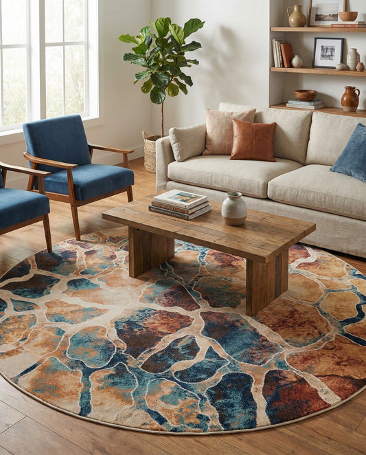 Rugs.com - Gossamer Rug – 6 Ft Round Brick Red Easy-Clean Rug – Modern Abstract Mosaic Design for Dining Rooms, Living Rooms, and Entryways
