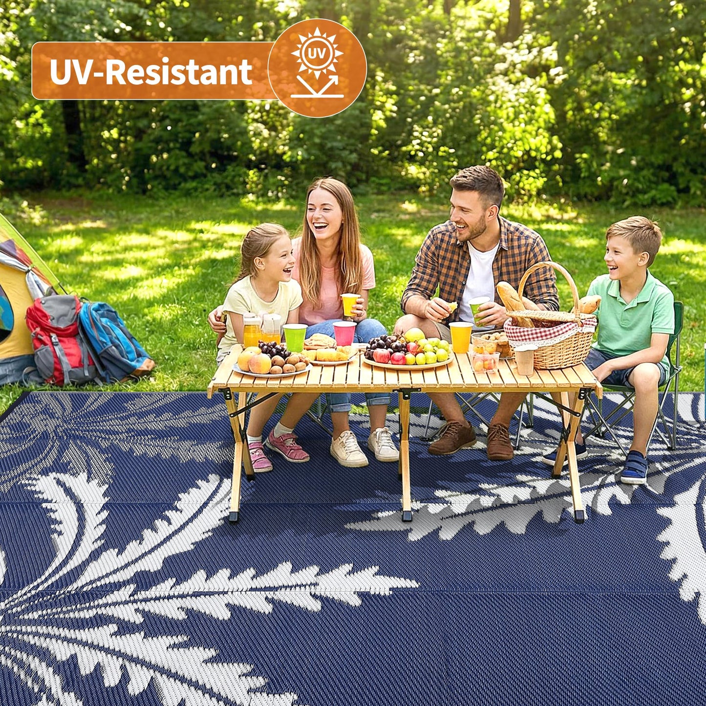 IDEALHOUSE Waterproof Outdoor Rug 8x10 for Patio, Reversible Modern Area Rug, Large Plastic Straw Mat for Camping, RV, Porch, Backyard, Deck, Picnic, Beach, Blue & White