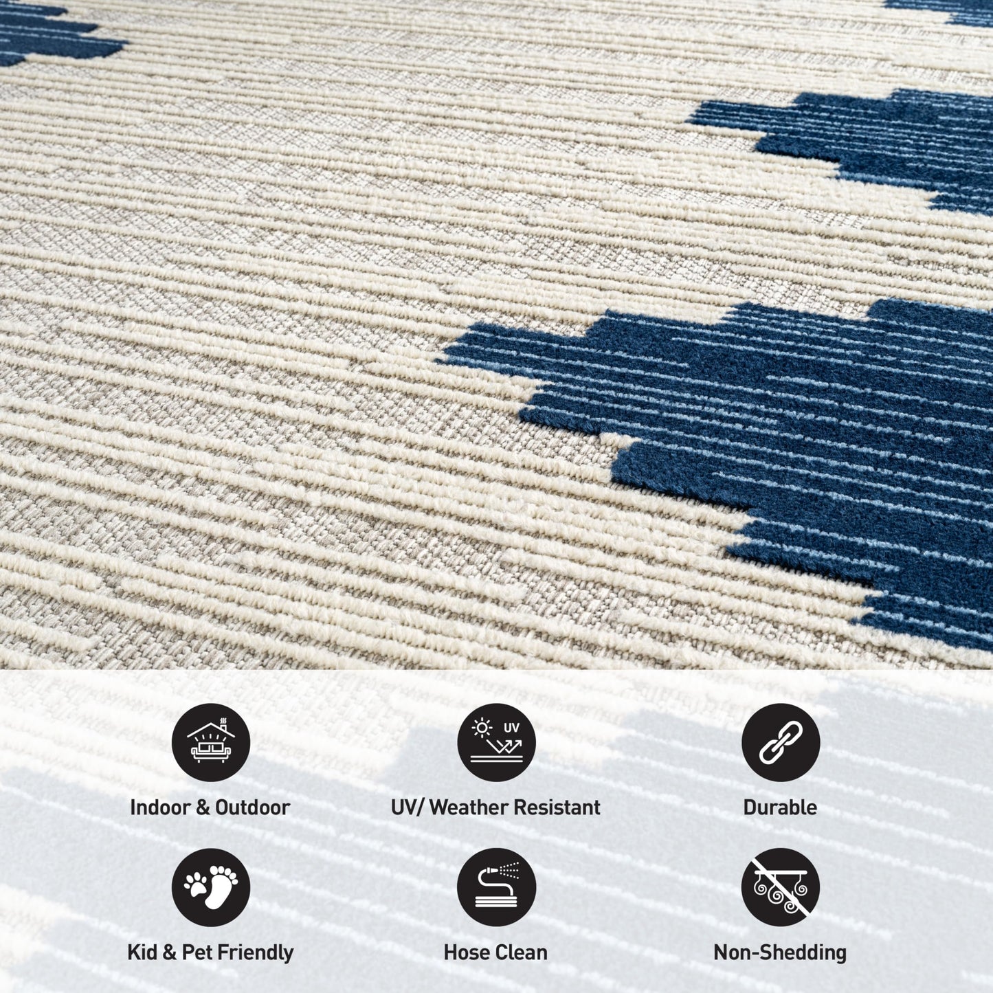 Rugshop Indoor/Outdoor High-Low Textured Runner Rug, Geometric Bohemian, Easy-Clean Patio Rug for Porch Deck Balcony 2' x 7' Dark Blue