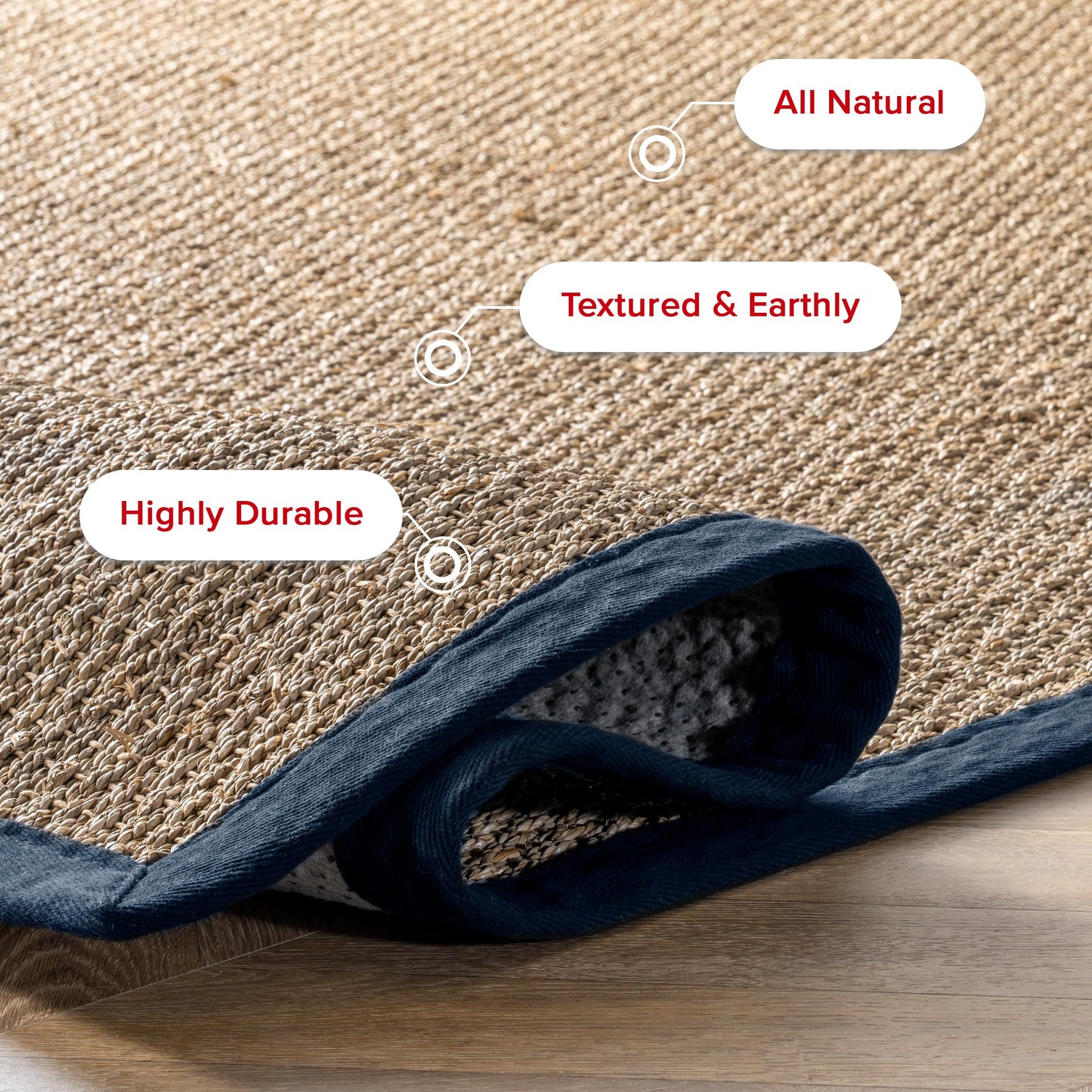 Nuloom Elijah Navy/Natural, 4' x 6', Basketweave, Seagrass, Soft and Textured, High Traffic, Stain Resistant, Easy Clean, Durable Area Rug for Bedroom, Living Room, Dining, Den, Foyer, Entryway