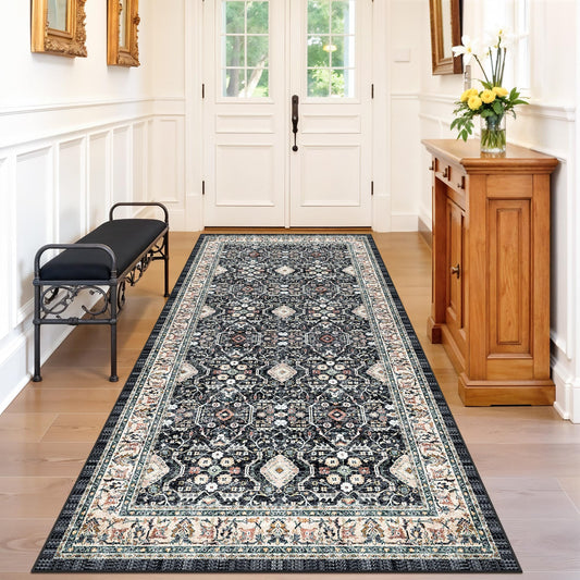 4x8 Washable Kitchen Area Rug: Farmhouse Stain-Resistant Rug for Living Room Bedroom Wide Soft Carpet for Entryway Dining Room Thin Hallway Floor Mat with Non Slip Backing Home Decor(4x8,Black Navy)