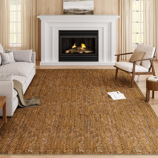 Eleisa Modern Vintage 5x7 Herringbone Chevron Area Rug for Living Room, Brown, Non-Slip Stain Resistant Washable Rug, Farmhouse Home Decor Carpet for Bedroom, Kitchen, Dining Room