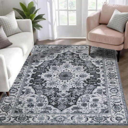 WILLSUN Washable Area Rugs, 4x6 Non-Slip Boho Large Area Rugs for Living Room, Bedroom, Machine Washable Vintage Rug, Indoor Floral Print Carpet for Home Decor, Kid & Pet Friendly Mat