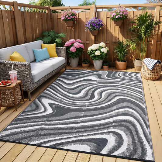 MilleLoom Outdoor Rug 8x10 Waterproof Patio Rugs Modern Abstarct Reversible Mat for Front Door Rv Foldable Plastic Straw Carpet for Travel Trailers, Deck, Porch, Camper, Balcony, Beach，Black/Grey