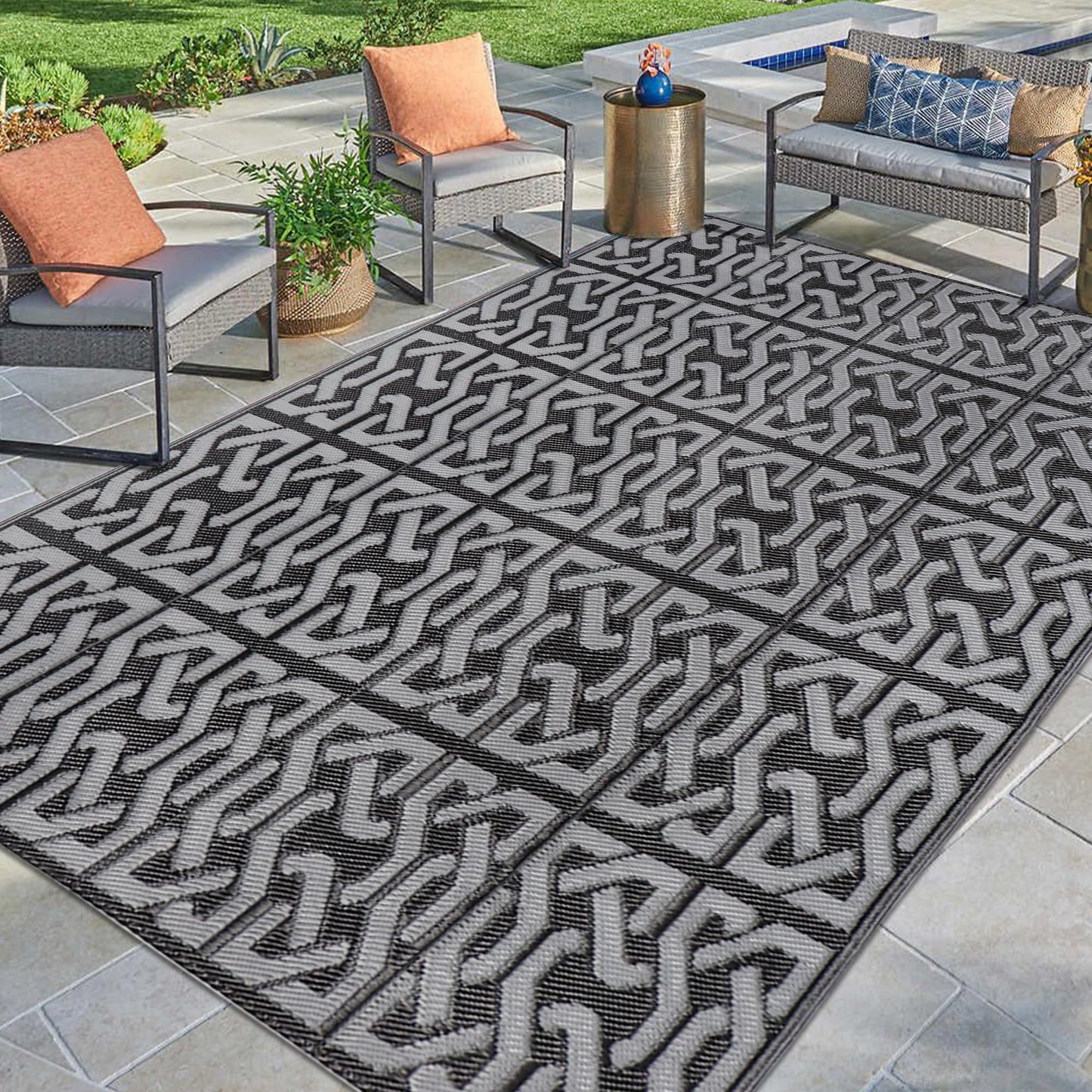 SAND MINE Reversible Mats, Plastic Straw Rug, Modern Area Rug, Large Floor Mat and Rug for Outdoors, RV, Patio, Backyard, Deck, Picnic, Beach, Trailer, Camping (9' x 12', Black & Grey)