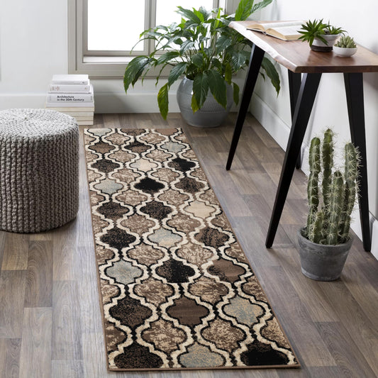 Superior Indoor Runner Rug, Jute Backing, Modern Plush Rugs for Hallway, Living, Dining Room, Office, Kitchen, Geometric Trellis Floor Decor, Viking Collection, 2' 7" x 10', Ivory