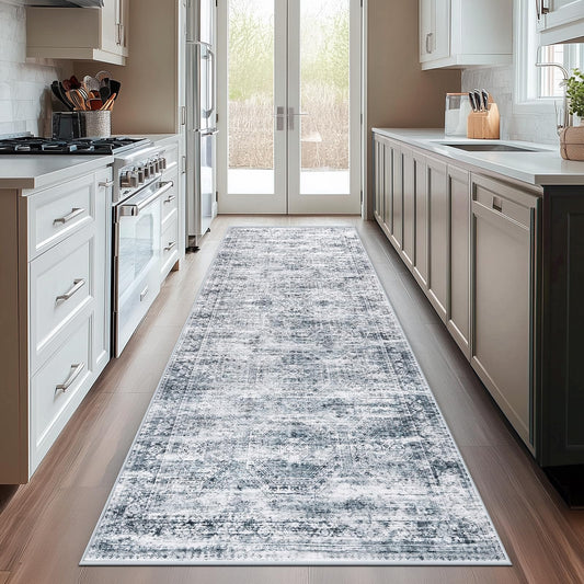 Suconsun 2x6 Washable Runner Rug Non-Slip for Kitchen Hallway - Vintage Boho Distressed Floor Carpet, Low Pile Faux Wool for Entryway Laundry Room, Pet Friendly, Grey Blue