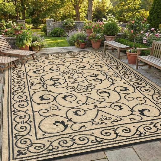 GAOMON Large Outdoor Camping Rug 9x18 Vintage Floral Reversible Outdoor Carpet, Foldable Retro Plastic Straw Rug, Portable Outside Patio Rugs Floor Mat for Porch, Beach, Balcony,Vintage-Black&Beige