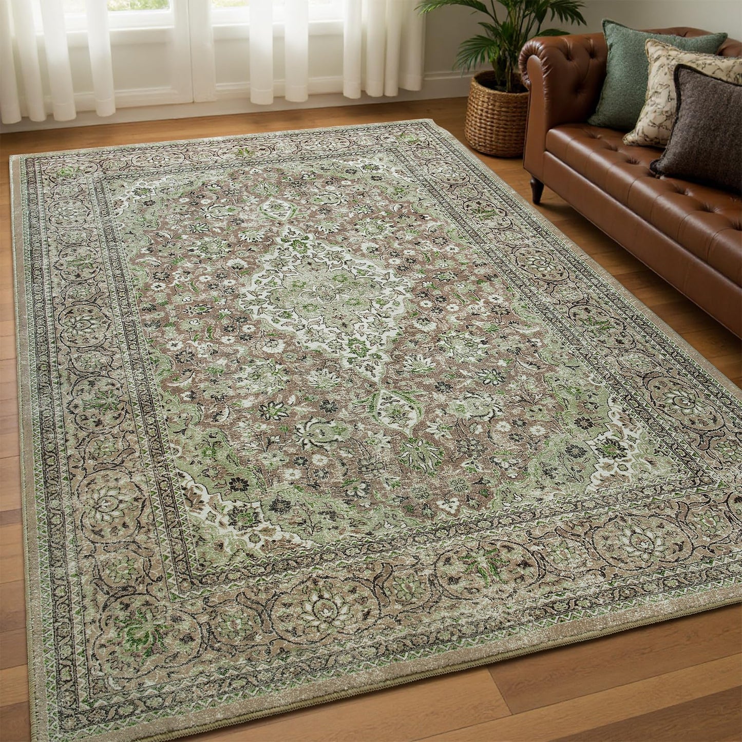 Goideal Washable Rug 4x6, Sage Green Area Rugs Non Slip, Indoor Low Pile Carpet with Rubber Backing for Living Room Kitchen Bathroom Entryway Office Bedroom