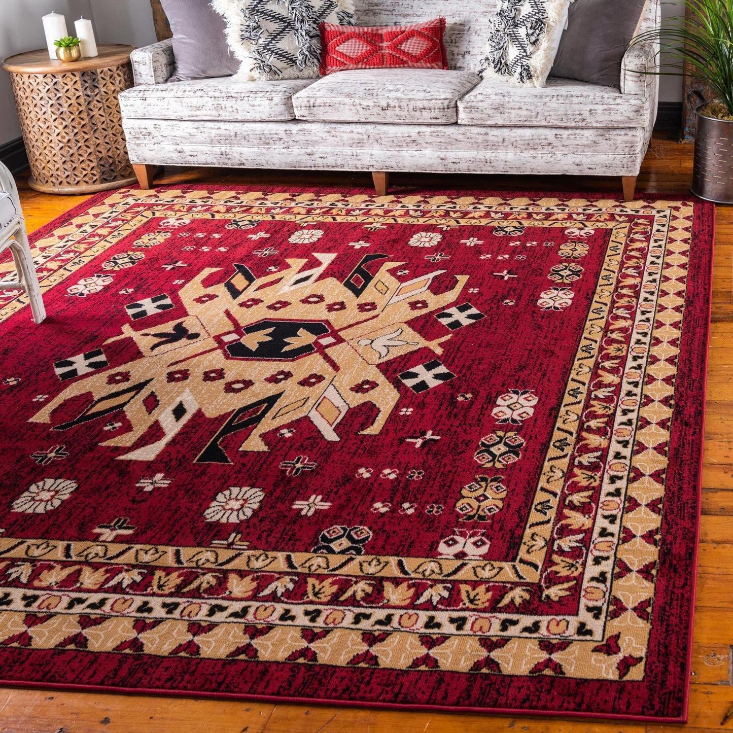 Unique Loom Taftan Collection Border Geometric Tribal Inspired Design Area Rug (8' 0 x 8' 0 Square, Red/ Gold)