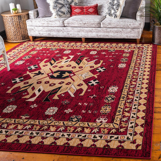 Unique Loom Taftan Collection Border Geometric Tribal Inspired Design Area Rug (8' 0 x 8' 0 Square, Red/ Gold)