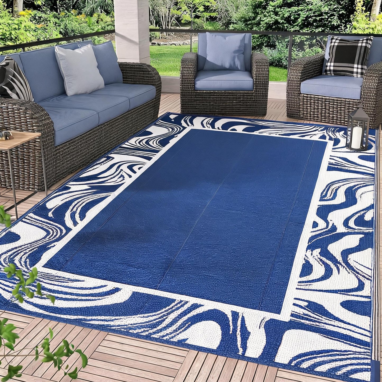 Garvee Outdoor Rug 5x8 Modern Bordered Camping Rug Foldable Plastic Straw Rugs Waterproof Abstract Reversible Large Outdoor Carpet for Patio, RV, Deck, Balcony, Backyard, Picnic, Beach, Clover,Navy