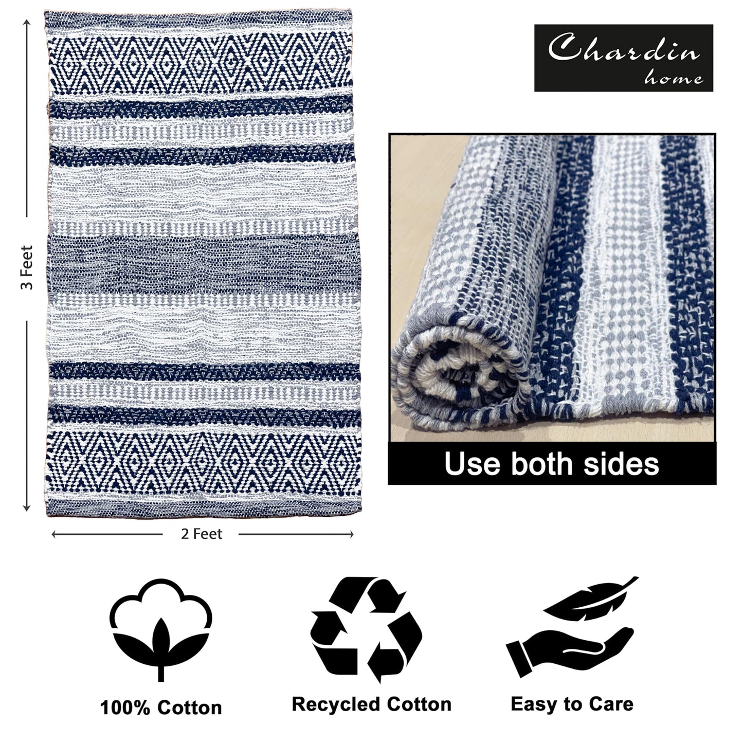 Chardin home Farmhouse Rug 24''x36'' Grey-Navy | Recycled Cotton Hand Woven Rug, Long Boho Rug | Perfect for Hallways, Kitchens, Bathroom, bedrooms, Meditation Yoga Mat | Machine Wash