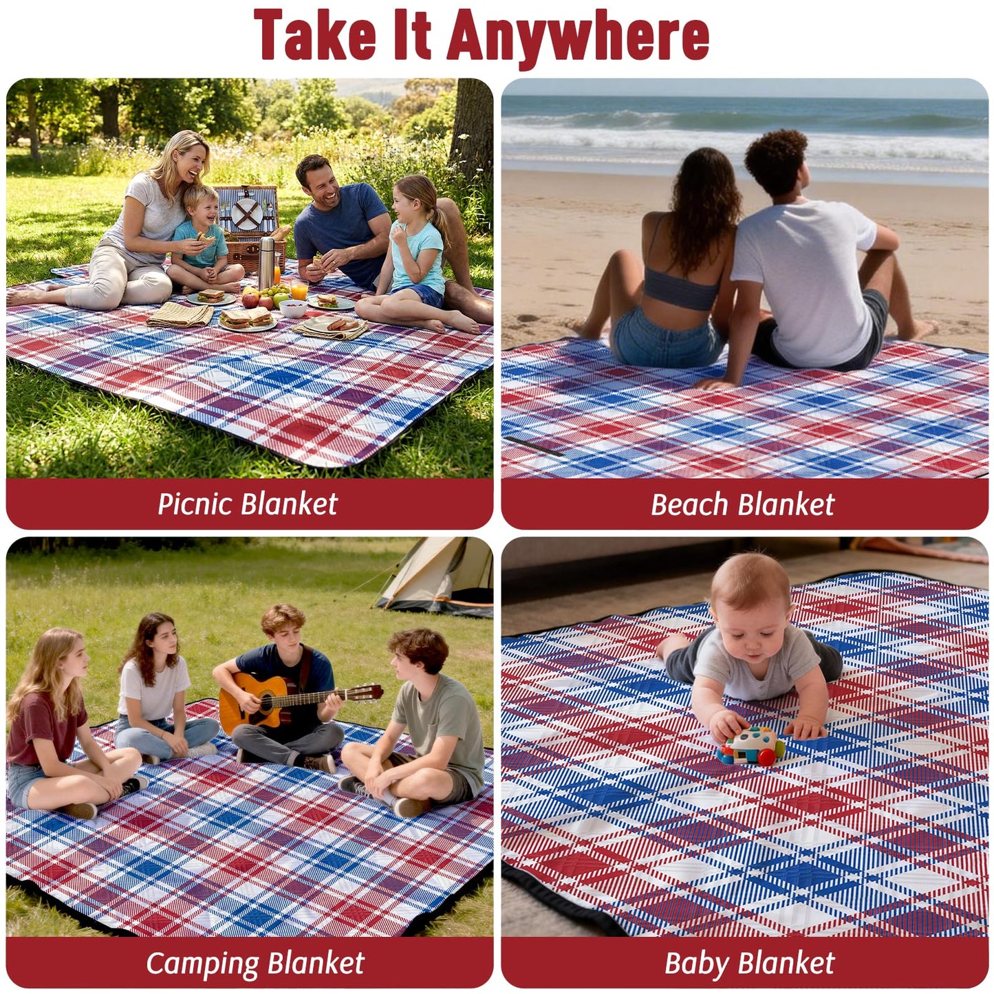 Doonly Picnic Blanket, Large Waterproof Sandproof Beach Blanket, Foldable Outdoor Blanket Picnic Mat for Beach, Camping, Park, Grass, Lawn, Travel, Patriotic Red White and Blue