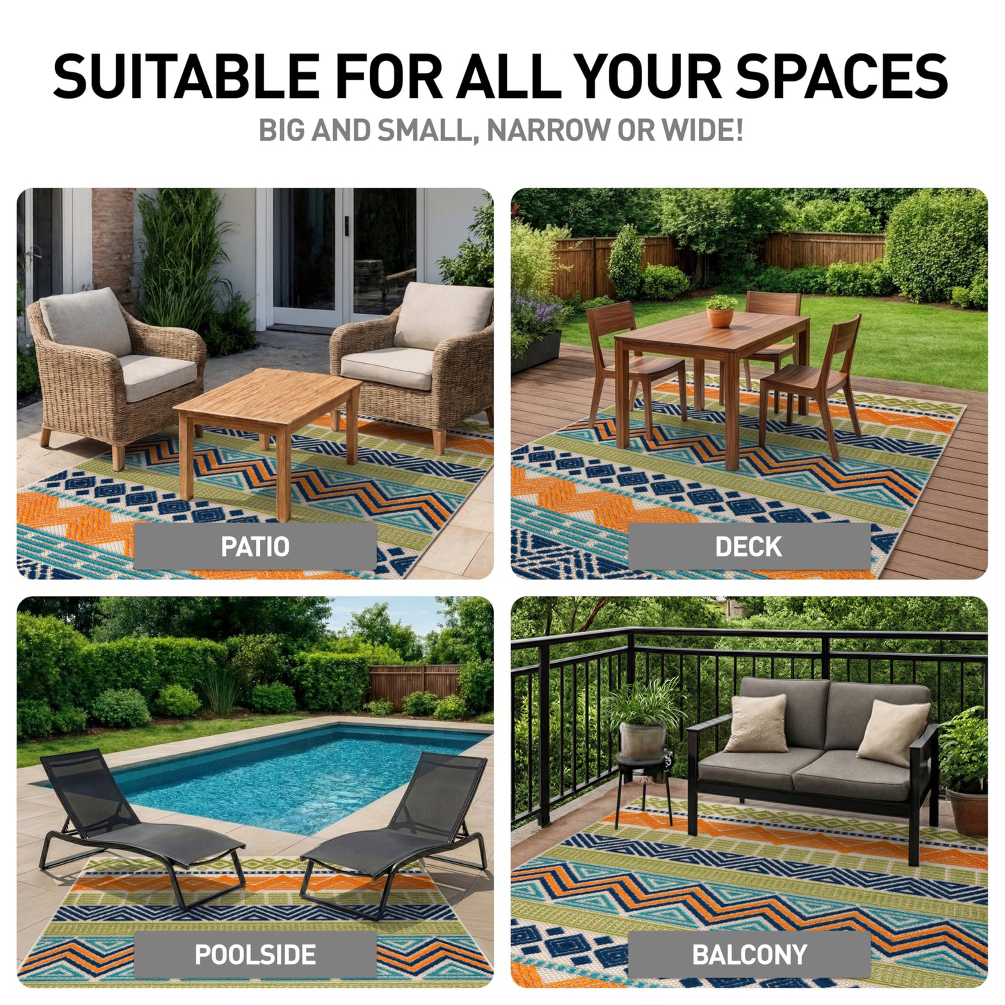 Rugshop Multi Marbella Boho Indoor/Outdoor Area Rug for Deck,Patio, Balcony and Entryway 4' x 6'