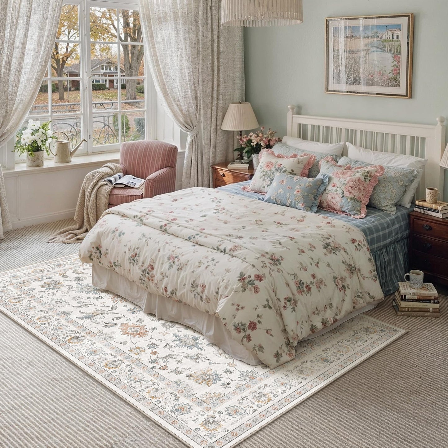 HUGEAR Area Rug 6x9 Vintage Grey Beige Machine Washable Living Room Rugs Distressed Retro Floral Vacuumable Low Pile Carpet Bedroom Office Dining Farmhouse Playroom Non Slip