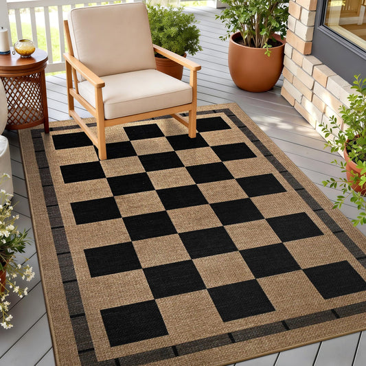 3x5 Outdoor Rug, Jute Checkered Rugs, Patio, Entryway, Balcony, Porch Indoor Plaid Carpets, Washable Bedroom Kitchen Carpet, Non Slip Farmhouse Neutral Laundry Office Floor Mat, Black and Brown
