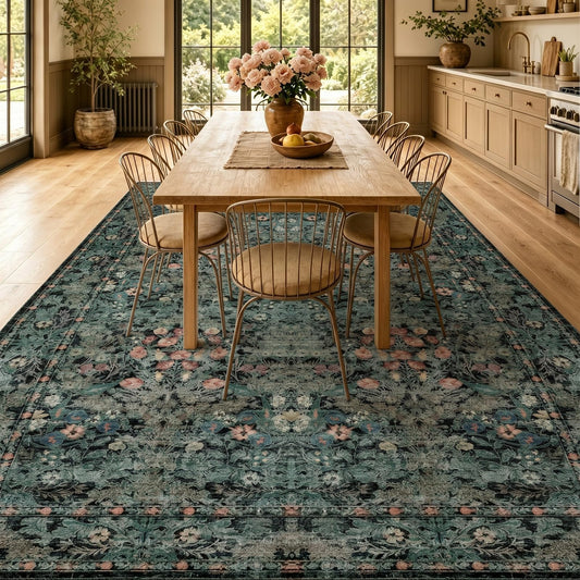Farmhouse Dark Green Dining Room Rugs for Under Table - 6x9 Washable Cottagecore Distressed Low Pile Non Slip Flora Rug for Living Room, Bedroom, Nursery, Home Office - Soft Boho Moody Accent Mat