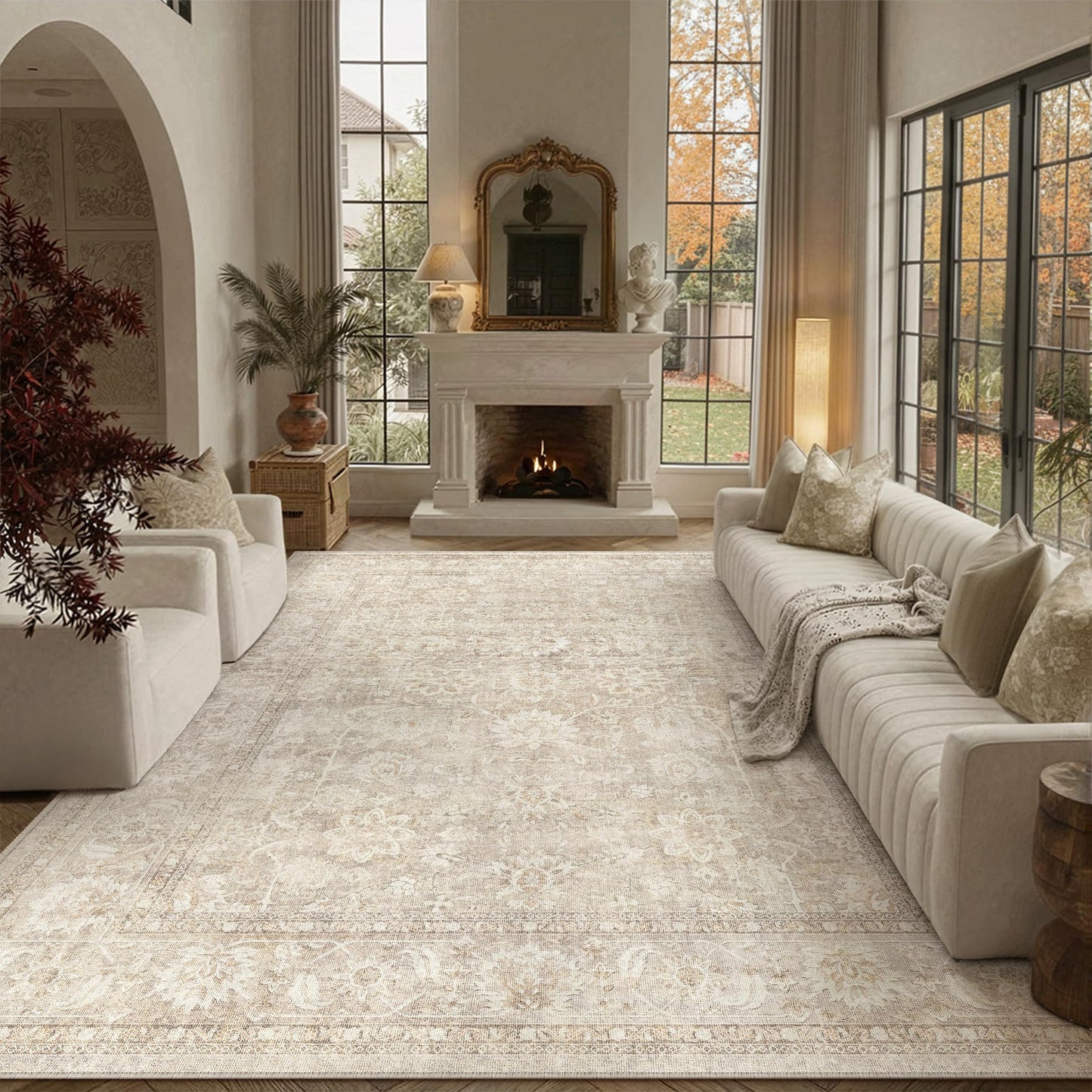 PureCozy 8x10 Beige Living Room Area Rug Vintage Washable Non Slip Indoor Carpet Distressed Low Pile Soft Retro Accent Throw Large Rug for Bedroom Dining Room Office