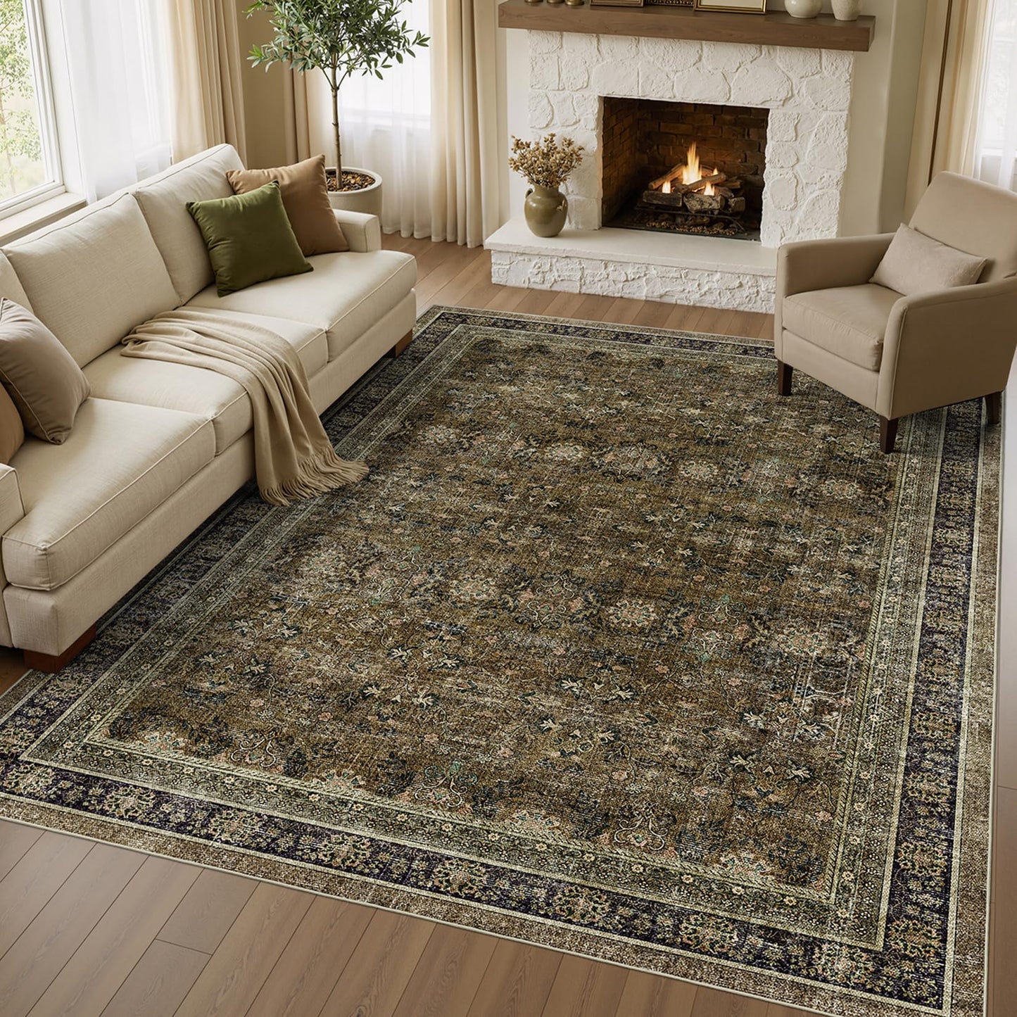 WITSHOCK 7x9 Area Rugs for Living Room: Boho Modern Dark Vintage Traditional Distressed, Washable Low Pile Non-Slip Carpet for Dining Room Bedroom Nursery Kids Playroom, Brown Olive Green