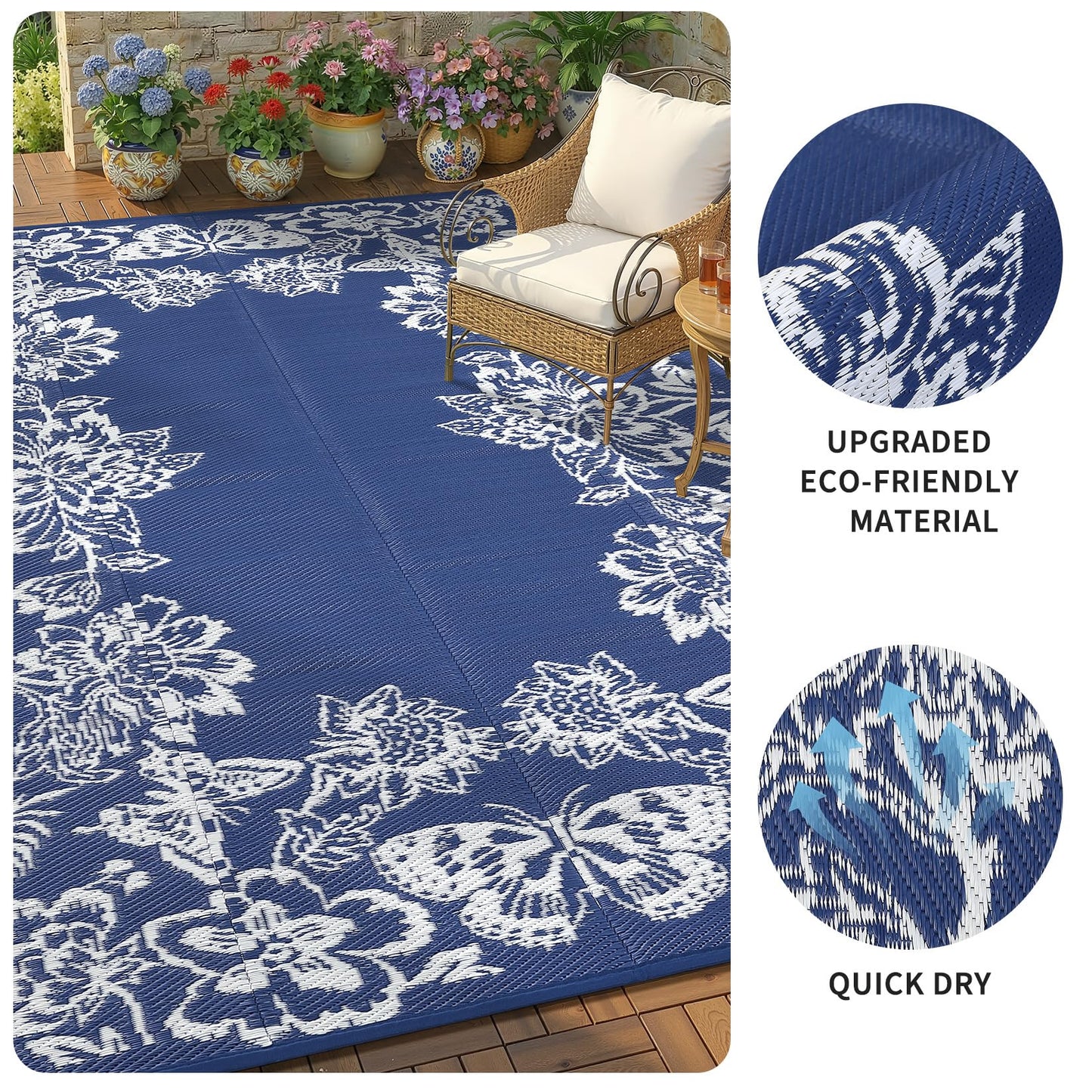 GarveeHome Outdoor Rug 9x18 Patio Waterproof, Reversible Plastic Straw Rugs for Camping, Picnic, Balcony, Porch, RV, Easy-Clean & Quick Dry Floral Pattern Large Indoor Outdoor Carpet, Dark Blue