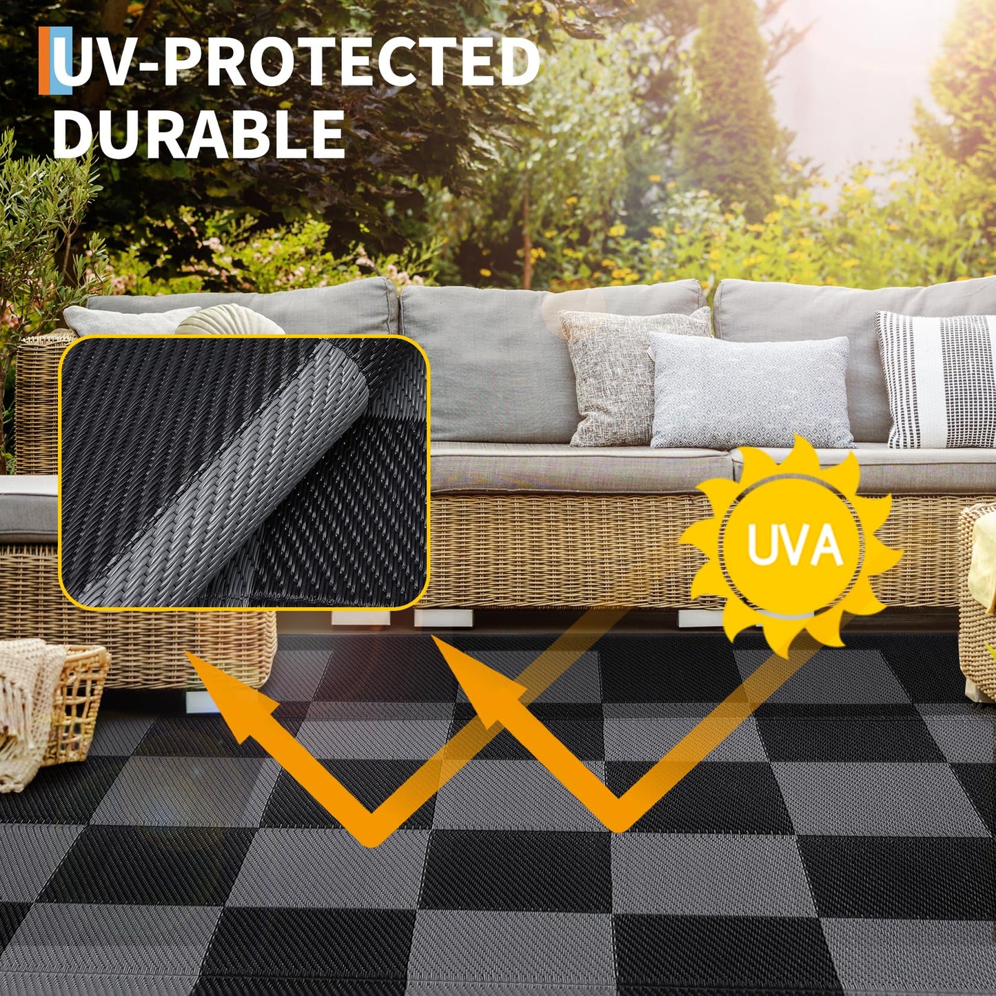 Outdoor Patio Rug 10x14 Large Waterproof Plastic Straw Camping Rug Reversible Stain Resistant Modern Checkered Carpet UV Resistant Foldable Mat for RV, Porch, Backyard, Black & Gray