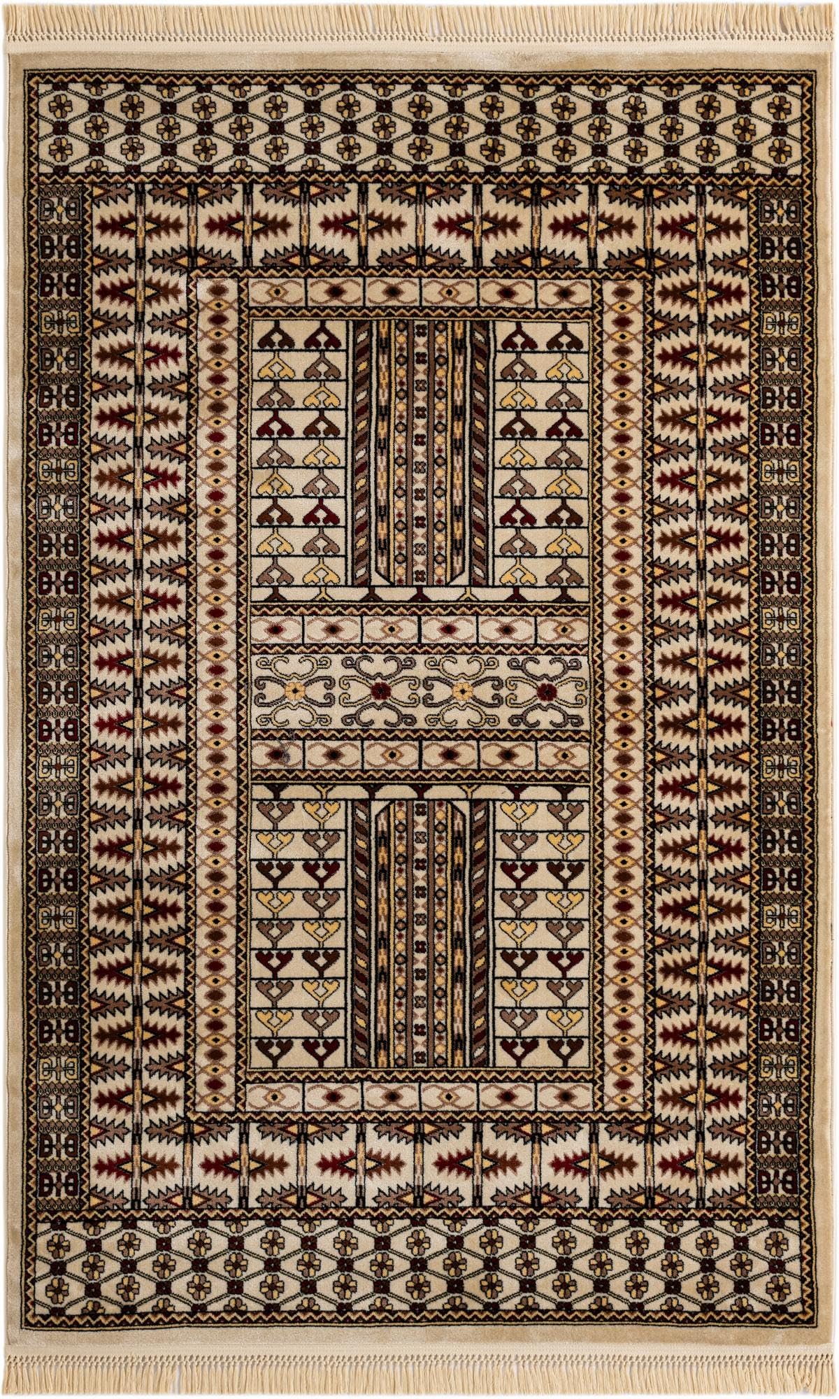 Rugs.com - Bokhara Rug – 5' 3 x 8' Beige Stain-Resistant Area Rug – Traditional Geometric Motif, Low-Pile Carpet for Living Rooms, Dining Rooms, and Home Offices