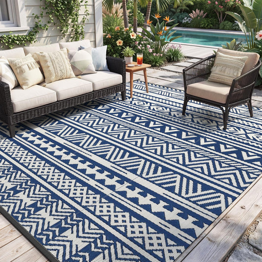 MontVoo-Outdoor Rug Carpet Waterproof 5x8 ft Reversible Patio Rug RV Camping Rug-Plastic Straw Rug Outside Indoor Outdoor Area Rug for Patio Deck Balcony Picnic Beach Outdoor Decor Boho Navy Blue