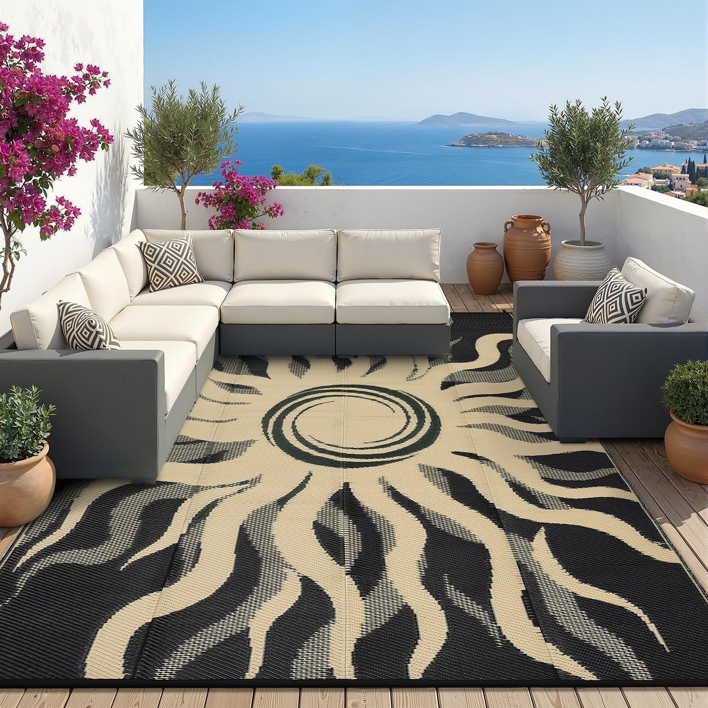 Garvee Outdoor Rug 6x9 Waterproof Patio Rugs with Boho Sun Pattern, Reversible Plastic Straw Camping Rugs Outdoor Indoor RV Mat Carpet for Deck, Backyard, Picnic, Porch, Balcony, Beach, Black
