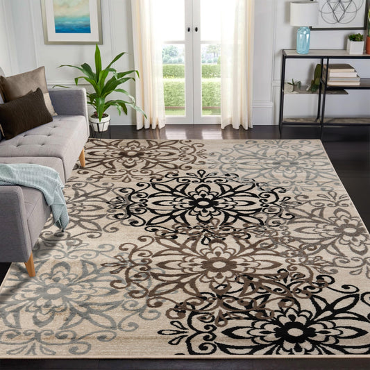 Superior Indoor Area Rug, Jute Backed, Perfect for Entryway, Office, Living/Dining Room, Bedroom, Kitchen, Hardwood Floor, Floral Scroll Decor, Leigh Collection, 8' x 10', Beige Ivory