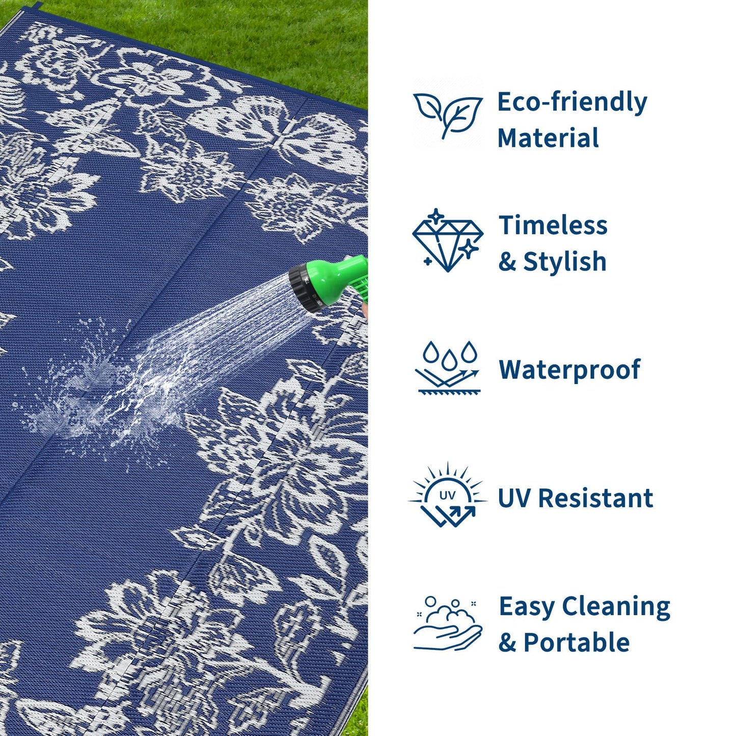 GarveeHome Outdoor Rug 9x18 Patio Waterproof, Reversible Plastic Straw Rugs for Camping, Picnic, Balcony, Porch, RV, Easy-Clean & Quick Dry Floral Pattern Large Indoor Outdoor Carpet, Dark Blue