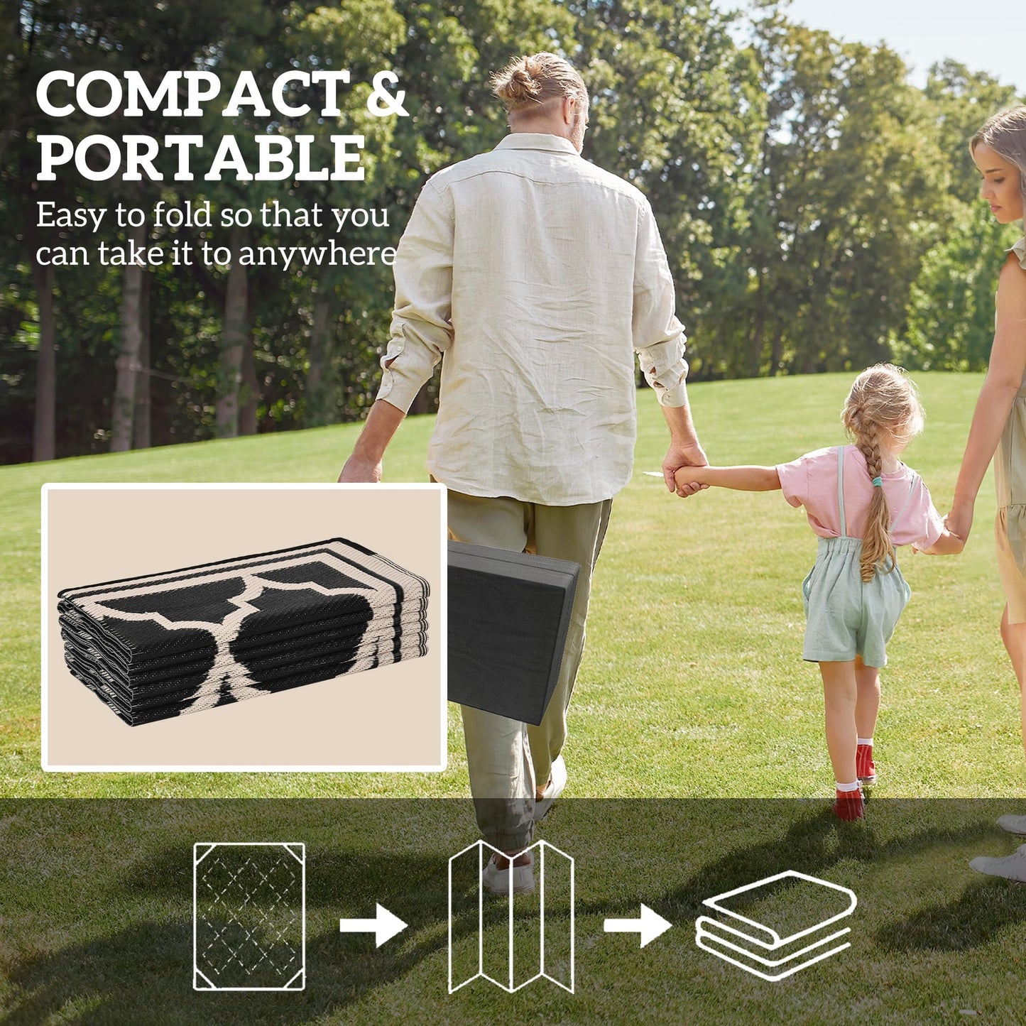 Outsunny Reversible Outdoor Rug, 9' x 12' Waterproof Plastic Straw Floor Mat, Portable RV Camping Carpet, Large Floor Mat for Backyard, Deck, Picnic, Beach, Black & Beige