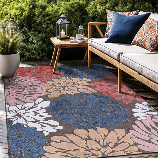 Luul Home Floral Indoor Outdoor Rugs 5x7 Large Area Rug for Living Room, Patio Decor, Kitchen, and Entryway Rug, Washable Stain Resistant Outside Carpet Brown 5 x 7