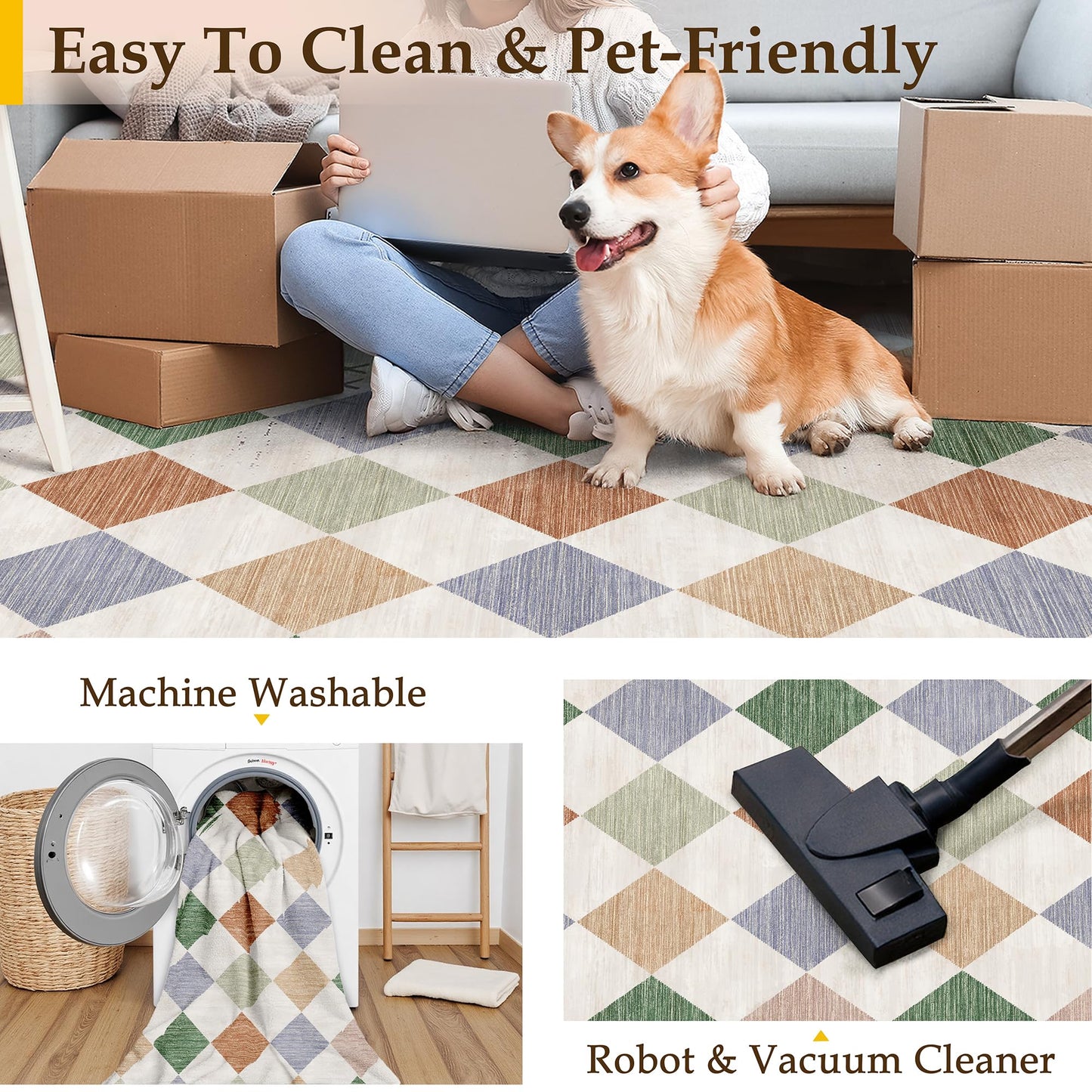 WondRg 8x10 Checkered Washable Area Rug for Living Room Bedroom Colorful Soft Modern Non Slip Large Throw Rug Lightweight Low Pile Neutral Carpet Dining Room Office Classroom Nursery Playroom