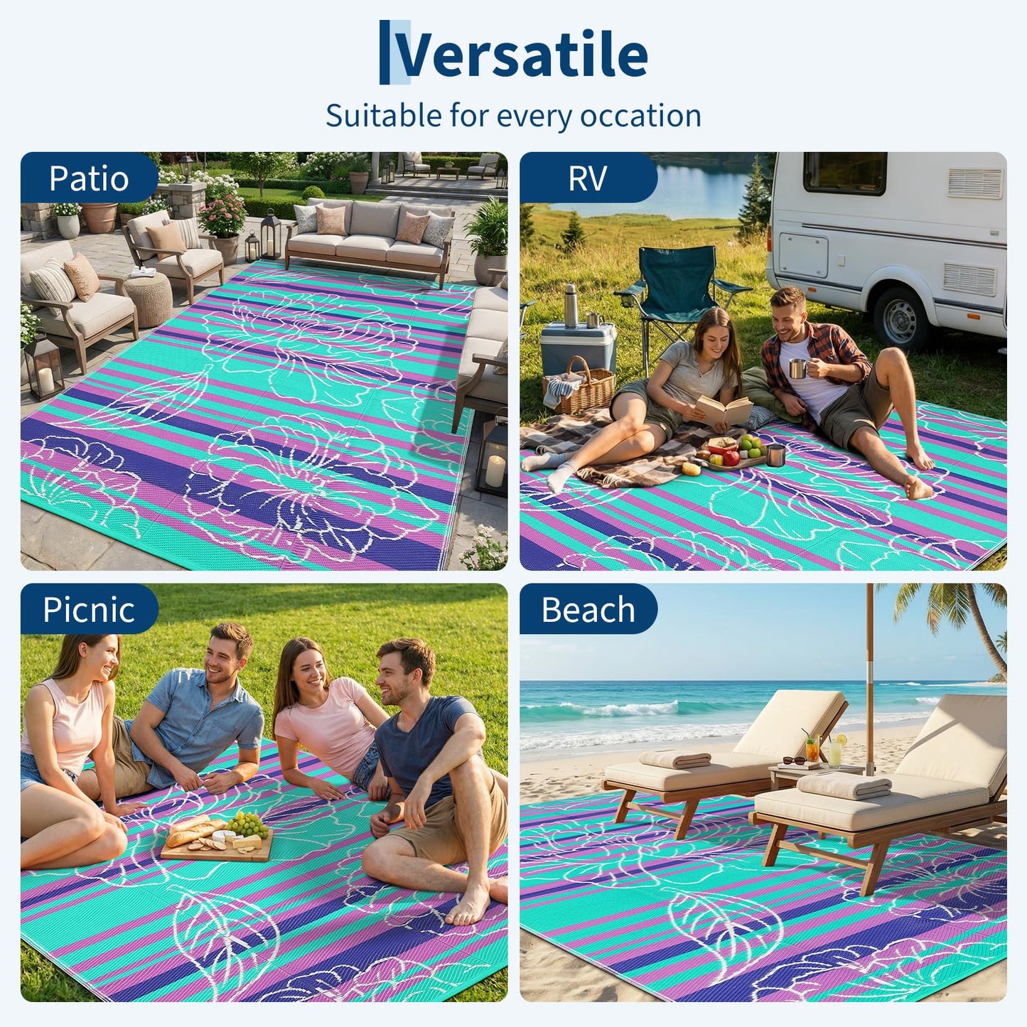 Garvee 5x8 Outdoor Waterproof Rug, Floral Outdoor Area Rug，Reversible Plastic Straw Patio Rug, Portable Camping Mat for RV, Picnic, Beach, Balcony, Garden & Camping Purple&Blue