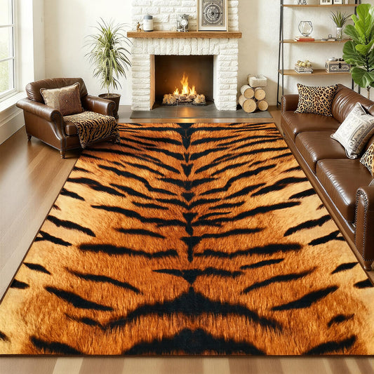 AROGAN Premium Tiger Rug for Bedroom 4×6 Feet, Machine Washable Animal Print Hide Area Rug, Large Non-Slip Faux Fur Tiger Skin Rugs Carpet for Office Living Room Dinner Room Decor