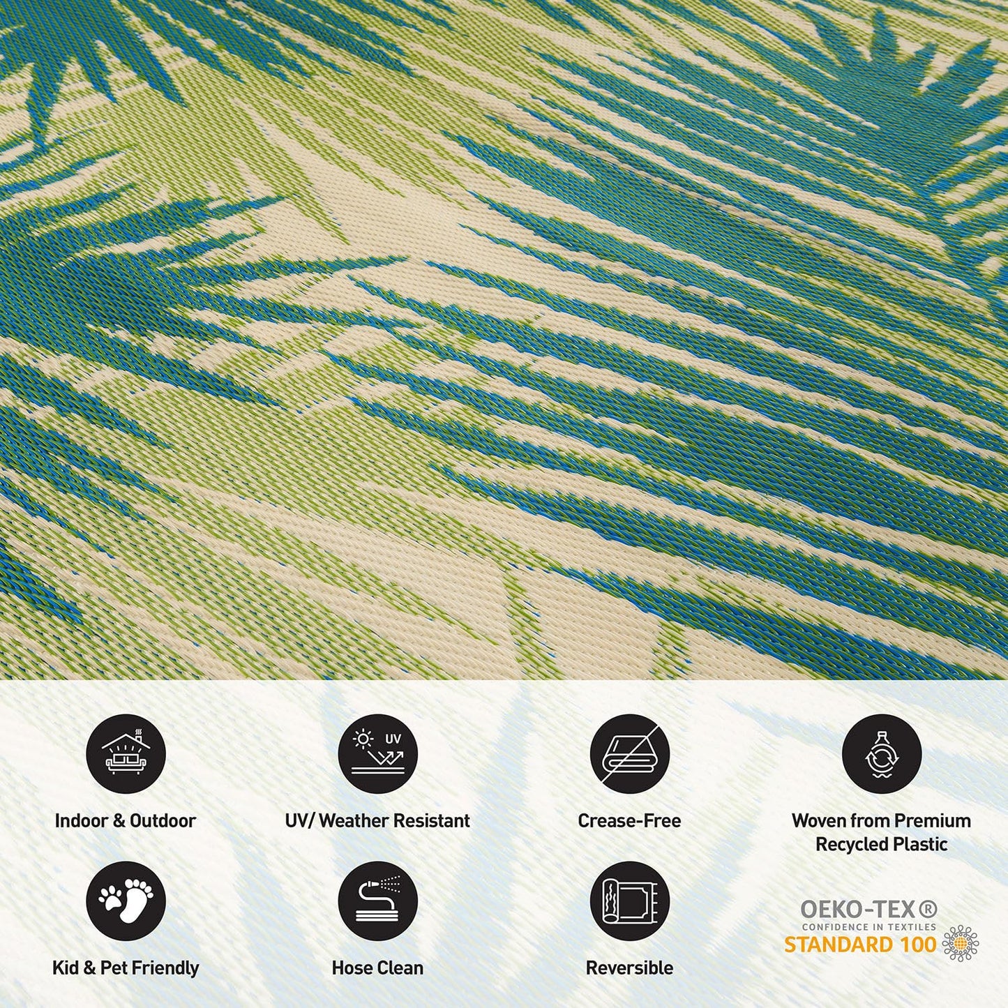 Rugshop Tropical Floral Reversible Crease-Free Waterproof Premium Recycled Plastic Outdoor Rugs for Patio,Backyard,RV,Deck,Picnic,Trailer,Beach,Camping Green 5' x 7'