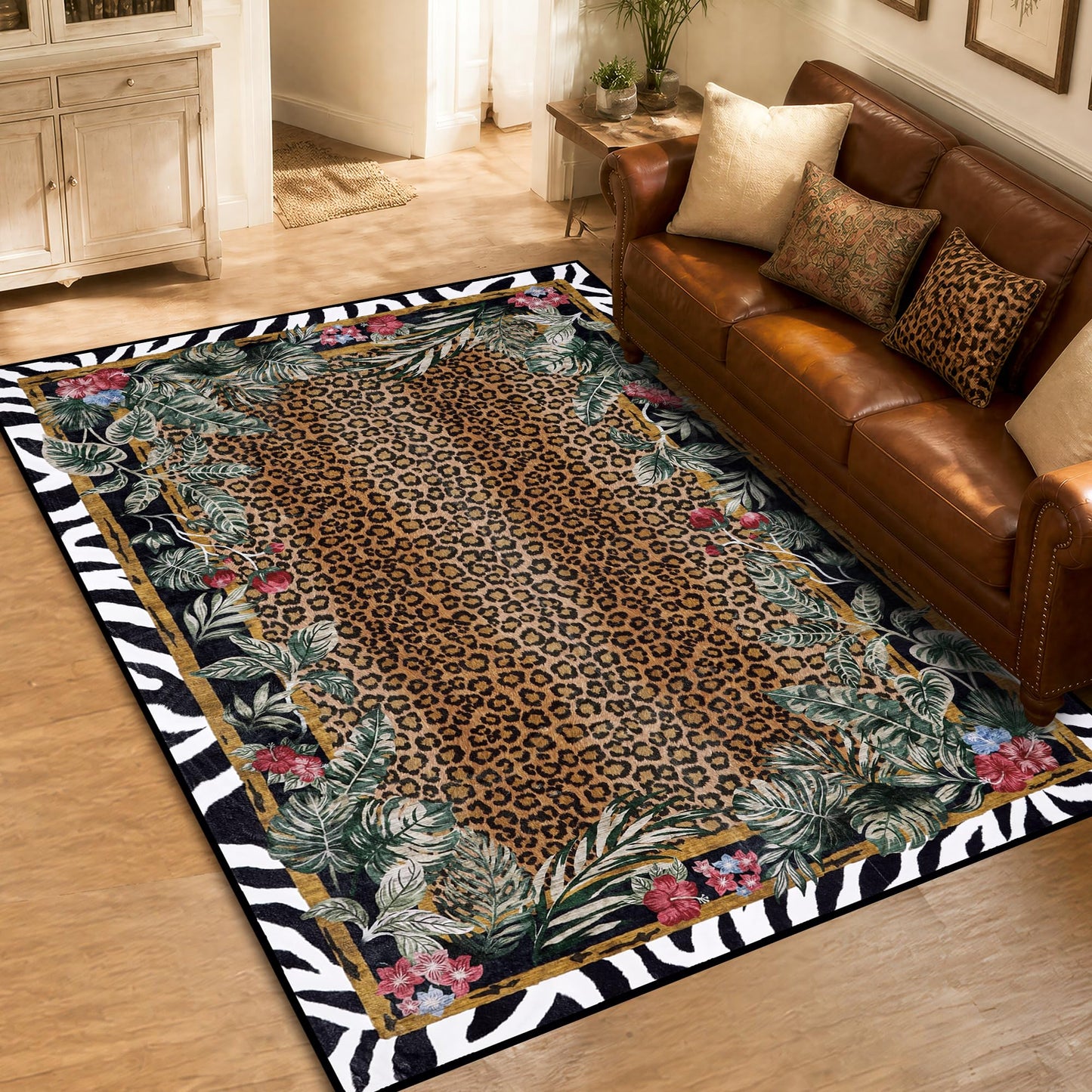 SAIFILI Leopard Area Rugs for Living Room 5×7, Washable Cheetah Rug with Zebra-Striped Border, Non-Slip Low Pile Animal Print Carpet for Bedroom, Dining Room, Playroom, Home Decor