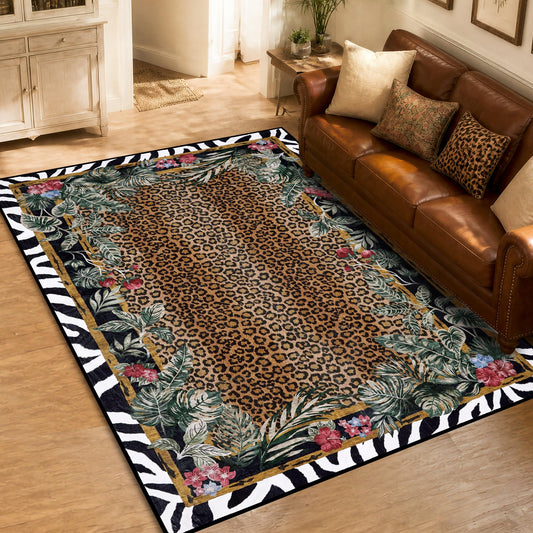 SAIFILI Leopard Area Rugs for Living Room 5×7, Washable Cheetah Rug with Zebra-Striped Border, Non-Slip Low Pile Animal Print Carpet for Bedroom, Dining Room, Playroom, Home Decor