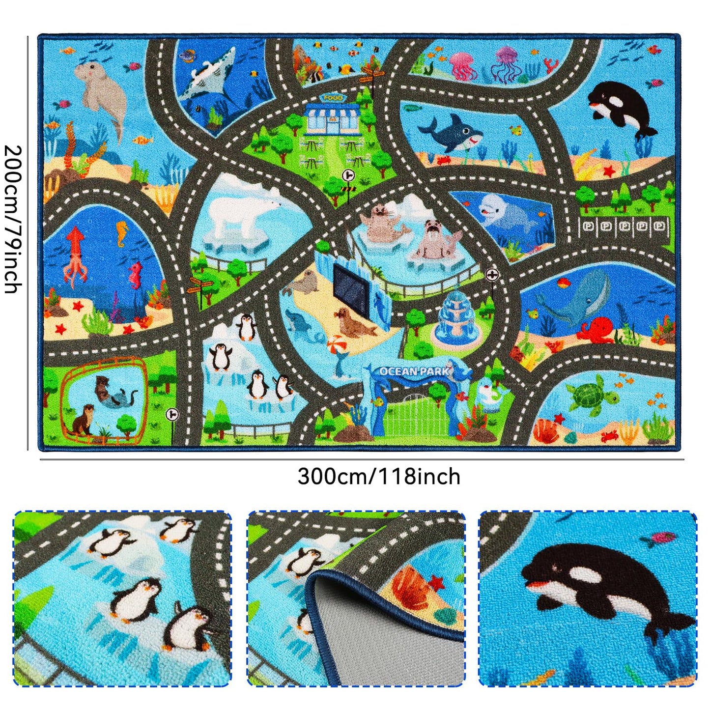 Kids Rug Playmat Carpet,6'7" x 9'10" Marine Animals Cars Rugs for Kids Toy Cars,Non Slip Aquarium Road Map Kids Carpet for Playroom Bedroom Boys,Kid Play Mat Road Carpet,Track Rug Play Carpet for Kid