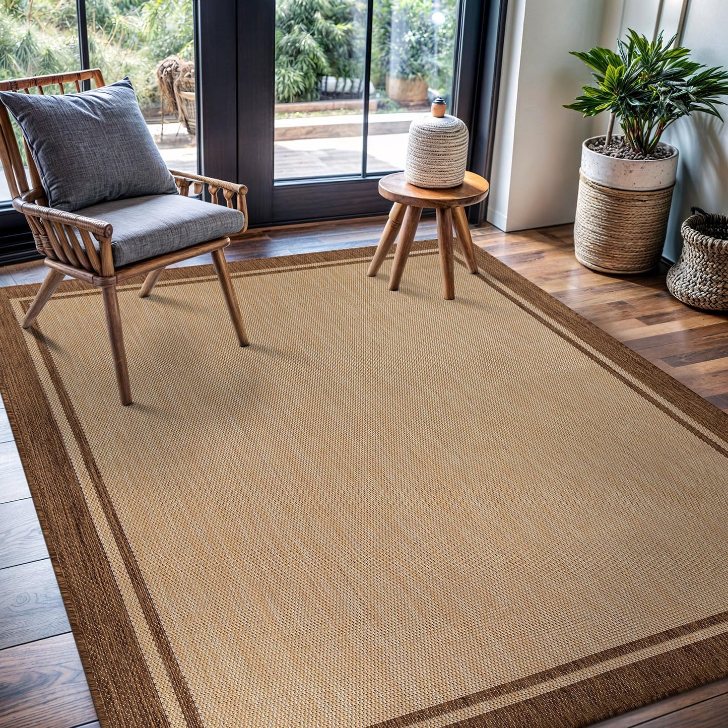 CAMILSON Outdoor Rug 5x7 Bordered Natural Brown Modern Area Rugs for Indoor and Outdoor Patios, Kitchen and Hallway Mats, Washable Porch Deck Outside Carpet (Border Jute, 5 x 7)